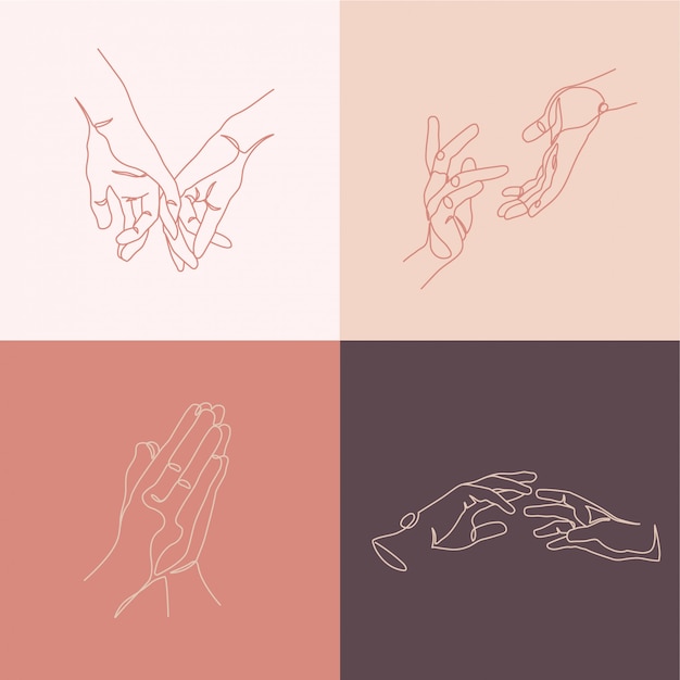 Hands creative compositions. Minimal line art style illustrations.