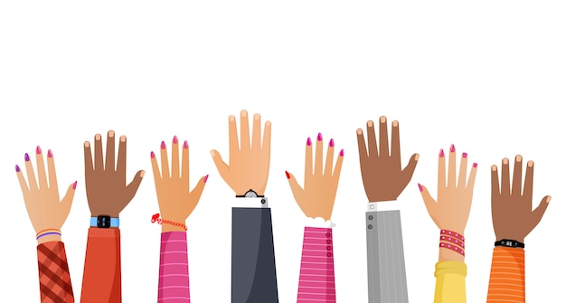 Hands of different skin color and diverse races people rising up flat illustration.