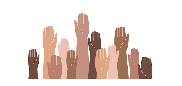 Vector hands of different skin colors raised up vector illustration