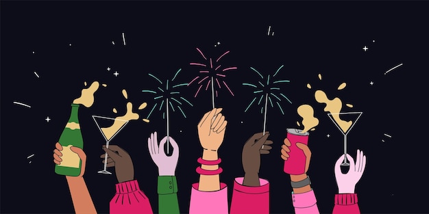 the Hands of a diverse group Celebrates New Year by Playing Sparklers and Drinking Champagne