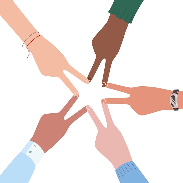 Hands of diverse group of people putting together Flat cartoon vector illustration fingers star