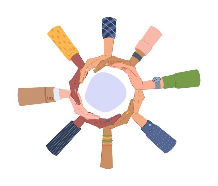 Vector hands diversity around empty round banner isolated