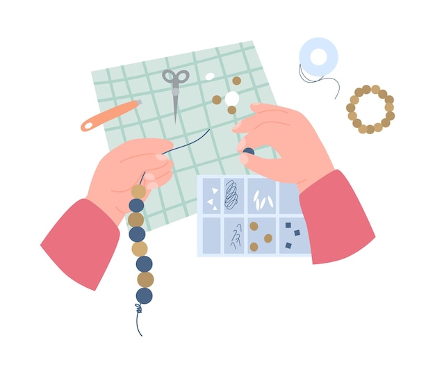 Vector hands doing decorative craft work with beads flat vector illustration isolated