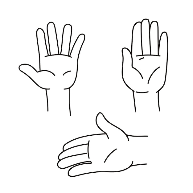 Hands drawn with black line vector. A set of open palms in different gestures. Human hands collection