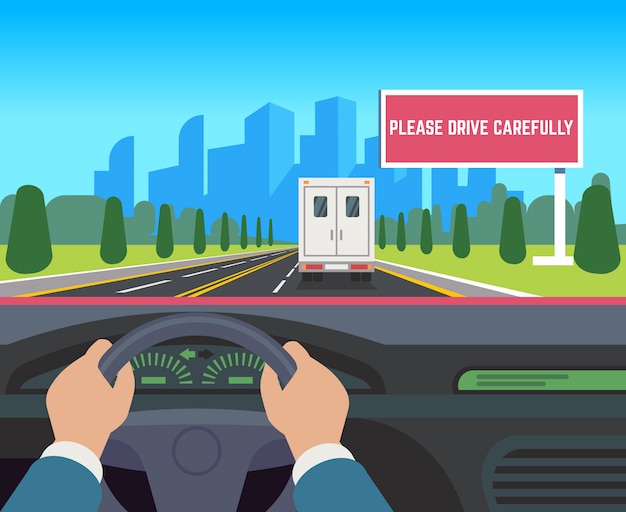 Hands driving car. auto inside dashboard driver speed road overtaking street traffic travel billboard flat illustration