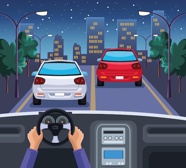 Vector hands driving car illustration