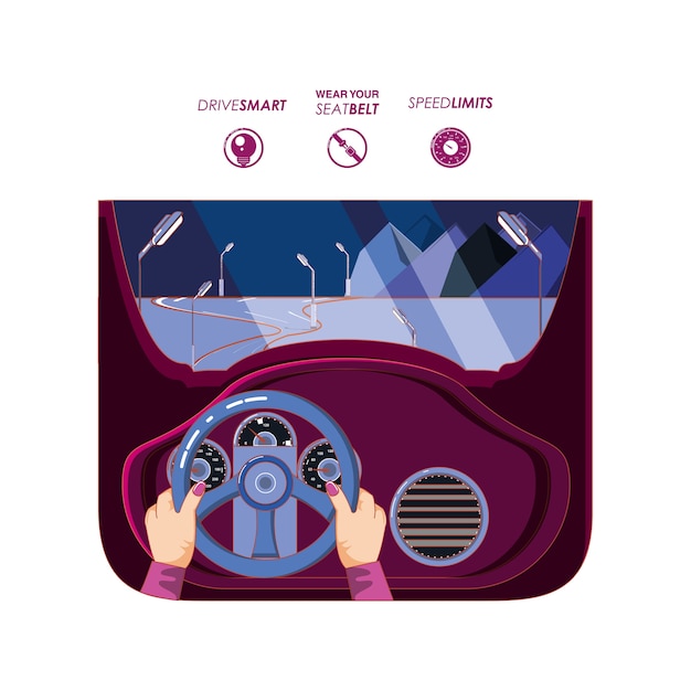 Vector hands driving car with driver safely icons