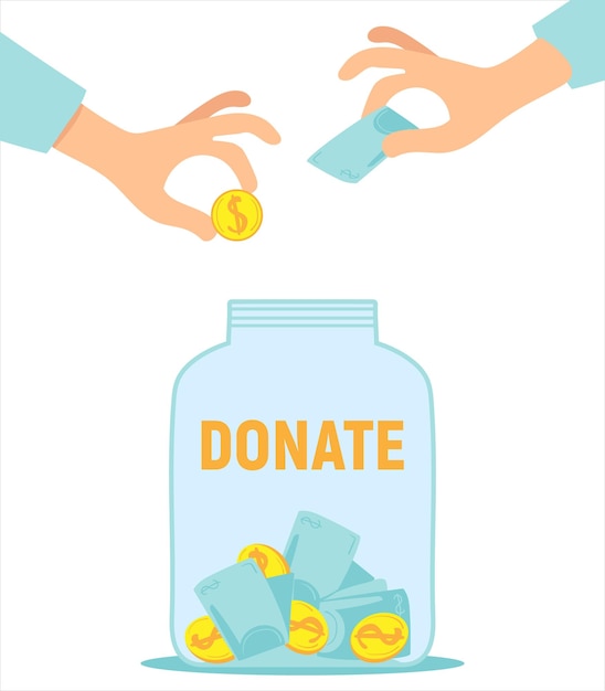 Hands drop money into a jar for donations vector illustration