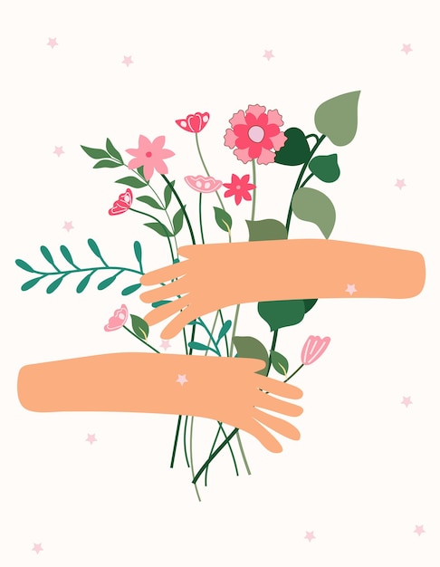 Vector hands embrace a bouquet of spring flowers. a floral for celebrating a birthday, wedding, spring etc