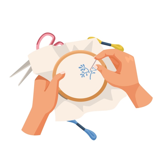 Hands embroidering floral design on fabric Vector illustration