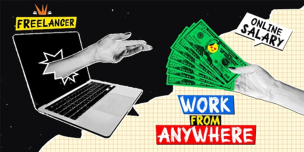 Hands extend from a laptop representing freelancers receiving money