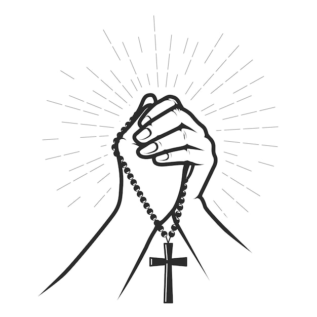 Vector hands folded in prayer with crucifix on beads pray for god faith and hope