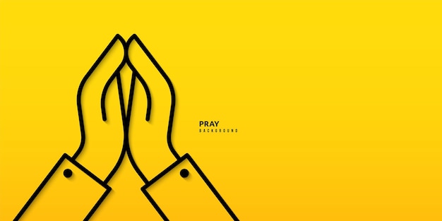 Vettore mani giunte in linea di posizione di preghiera su sfondo giallo preghiera a dio con il concetto di fede e speranza