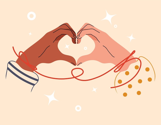 Vector hands folded in shape of heart multinational couple touch each other love or friendship concept