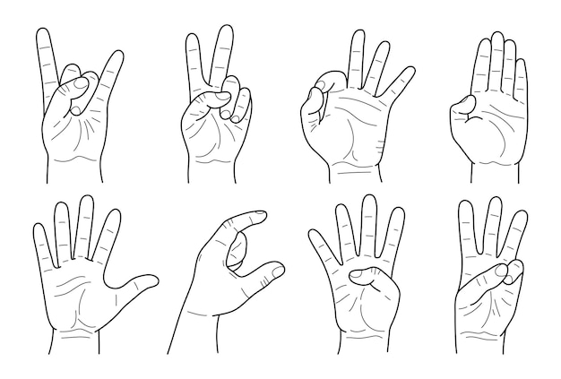 Hands gestures hand drawn set stroke outline logo graphic art design isolated on white background Vector