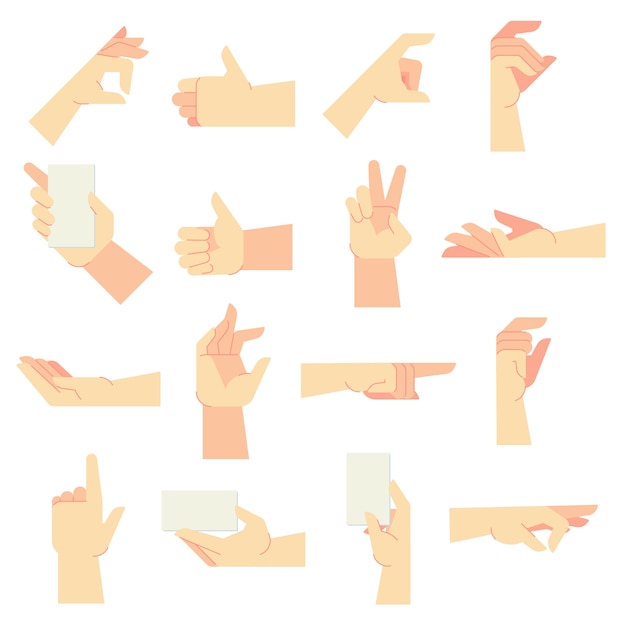 Vector hands gestures. pointing hand gesture, women hands and hold in hand vector cartoon illustration set
