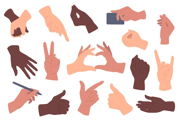 Hands gestures set graphic elements in flat design Bundle of African American hands writing holding cup pointing showing ok like rock victory and other Vector illustration isolated objects