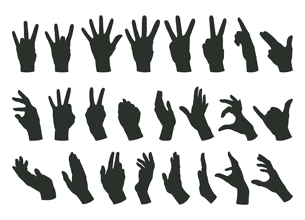 Hands gestures silhouettes cartoon human hands signs call okay index finger and peace positions sign language flat vector illustration set