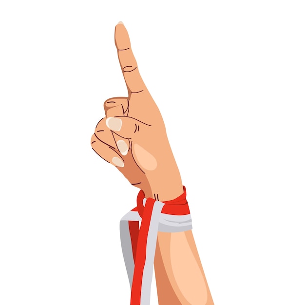 Hands gesturing peace sign wearing Indonesian red and white ribbon Indonesia's independence day