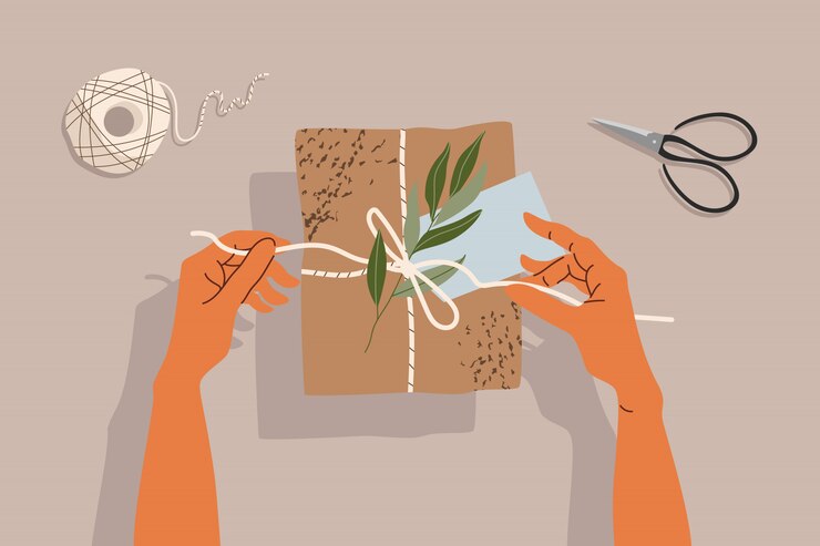 Vector hands and gift box on the table. trendy illustration of hands, gift box, scissors and tree branch. on the table, top-down view. hand-drawn modern illustration for web and print.