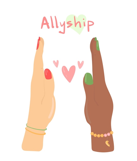 The hands of girls of different races and nationalities radiate love and equality for each other Diversity of people Racial equality