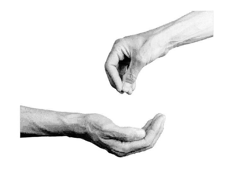 Hands giving and cupshaped palm taking and begging Halftone style vector isolated on white