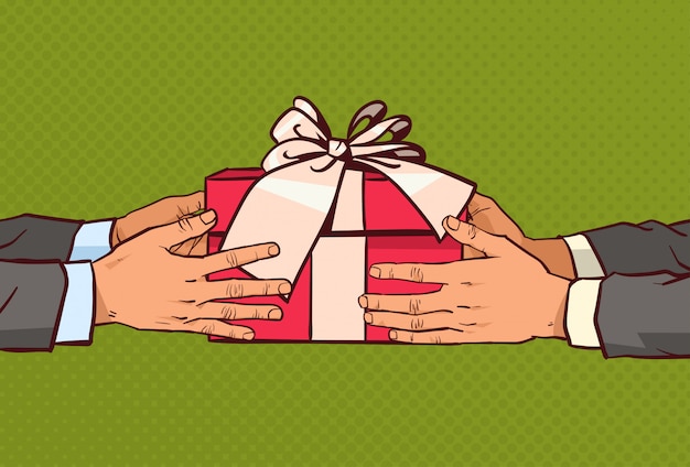 Vector hands giving gift to another greeting with holiday, red present box with ribbon and bow over comic vintage