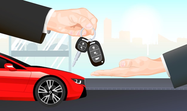 Hands giving keys in dealer showroom of new red car automobile Woman and agent at deal purchase sell rent or get full car service Realistic men hand in black suit with keys vector illustration