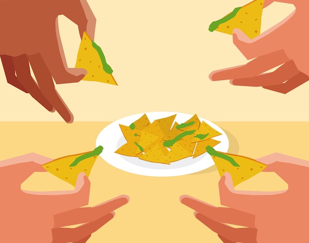 Mani che afferrano la progettazione grafica dell'illustrazione di vettore dei nachos