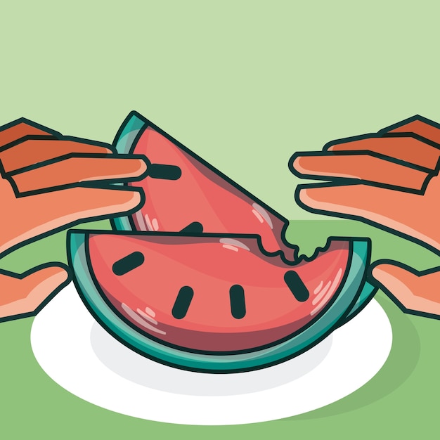 Vector hands grabbing watermelon from dish vector illustration graphic design