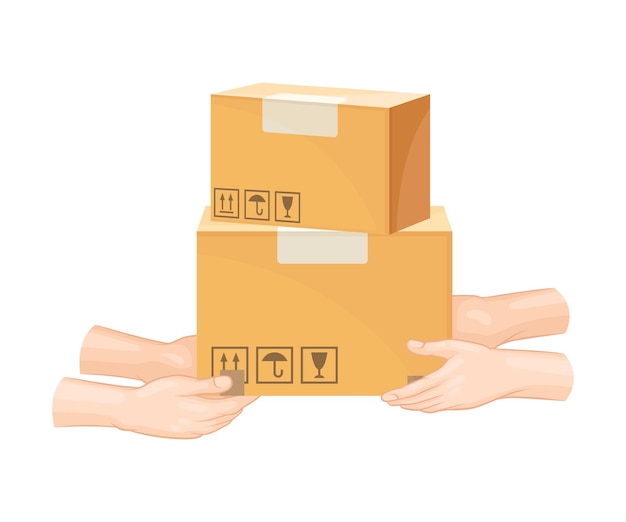 Hands Handing Over Parcel in Cardboard Boxes Vector Illustration