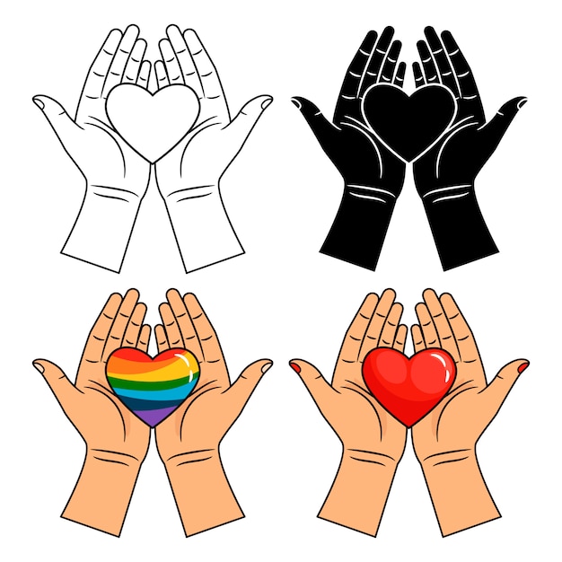 Icone del cuore e delle mani - linea, cuore variopinto, dell'arcobaleno e rosso in mani isolate su bianco