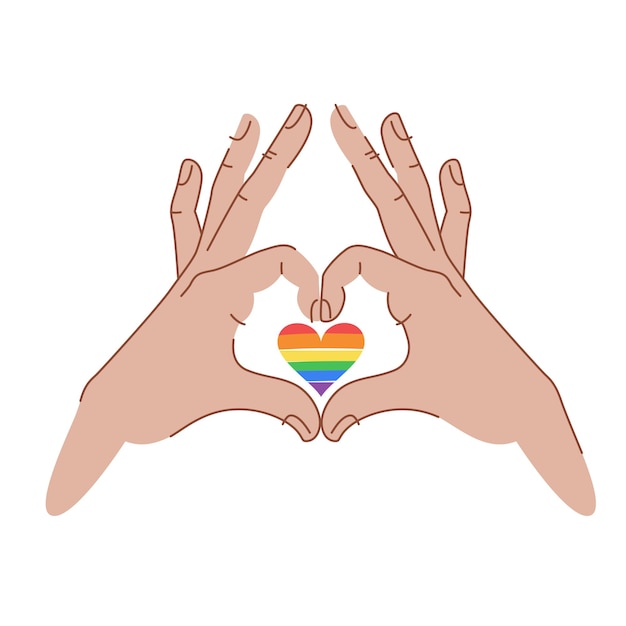 Vettore segno delle mani nel cuore cuore in colori lgbt poster lgbt due mani formano un gesto del cuore concetto lgbt