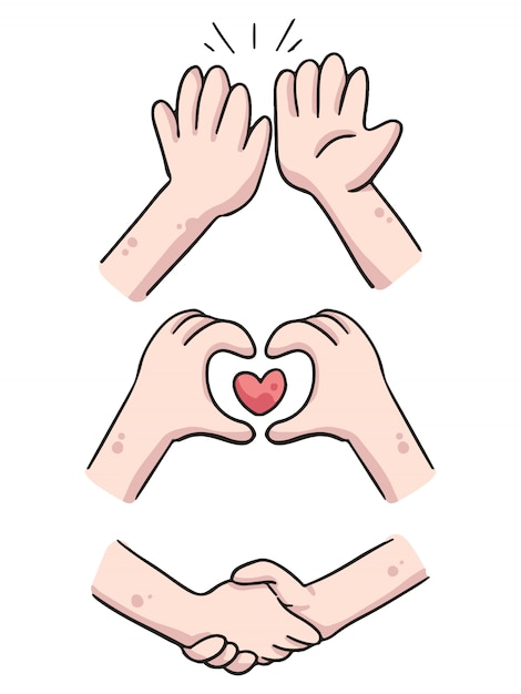 Hands high five, heart and shake hands cute cartoon illustration