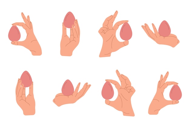 Вектор Руки держат аксессуары для нанесения основы для макияжа в мультяшном стиле doodle