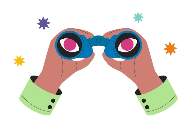 Vector hands hold binoculars, big pink eyes look forward through lenses. search, research, future strategy