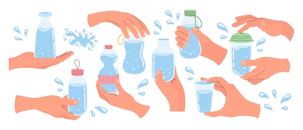 Hands hold containers of water Glasses bottles with clean water Clipart set Vector