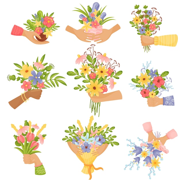 Hands hold different bouquets of flowers Set Vector illustration on a white background