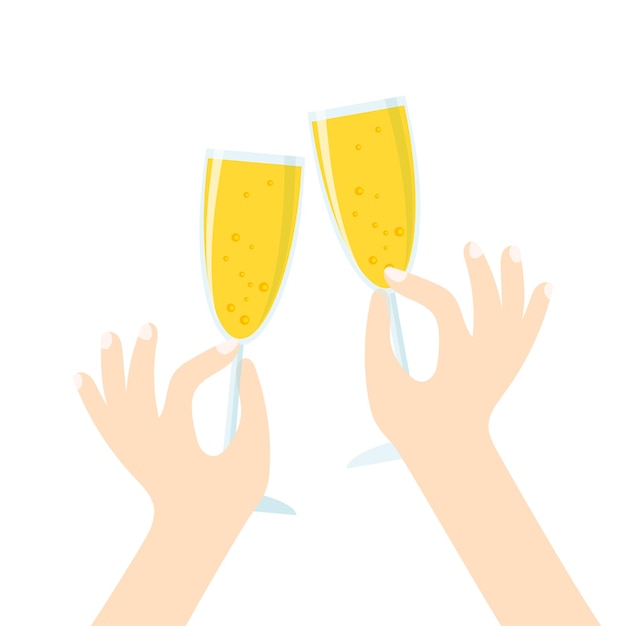 Vector hands hold glasse of sparkling wine champagne glasses cheers people celebrate christmas or birthday