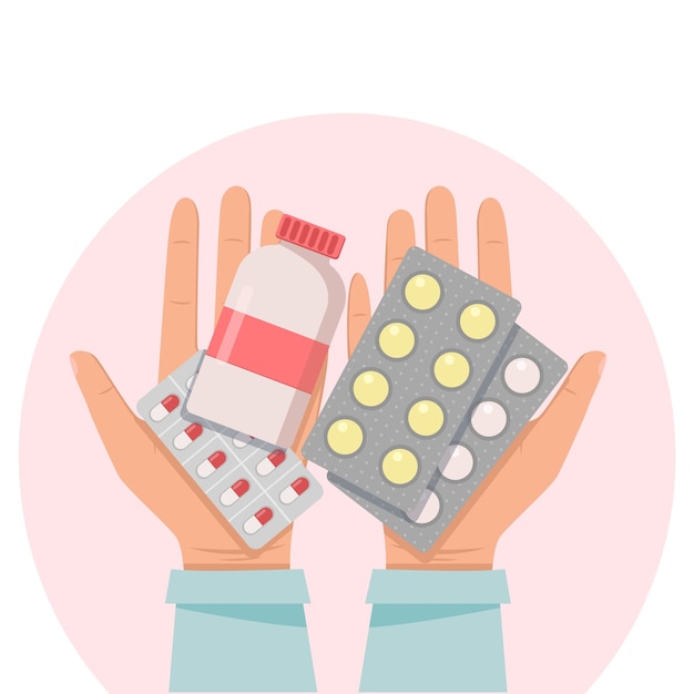 Hands hold medicines give pills The concept of health care treatment  flat style