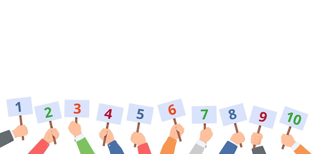 Hands hold scorecards with numbers Judges committee with scoring cards Contest vote feedback concept