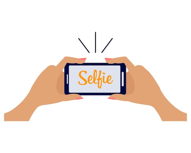 Vector hands hold a smartphone and take a selfie. print, illustration, vector