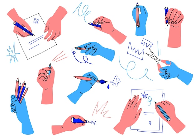 Hands hold stationery color arms hold pencils and brushes isolated palms with markers and scissors writing letters and drawing processes cutting and painting vector abstract human parts set