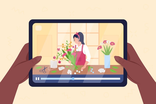 Vector hands hold tablet with video on flower arrangement flat color illustration