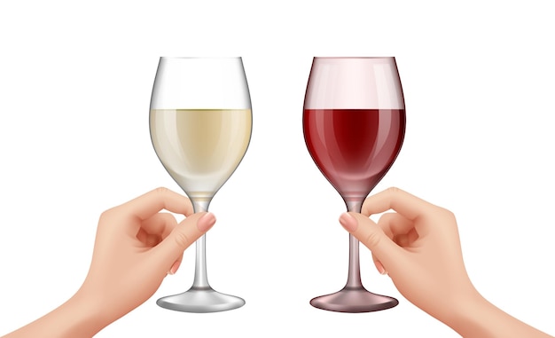 Le mani tengono i bicchieri di vino. vini rossi bianchi realistici, produzione vinicola, illustrazione vettoriale bevanda festiva. alcool del bicchiere di vino, illustrazione di celebrazione del brindisi della festa della bevanda