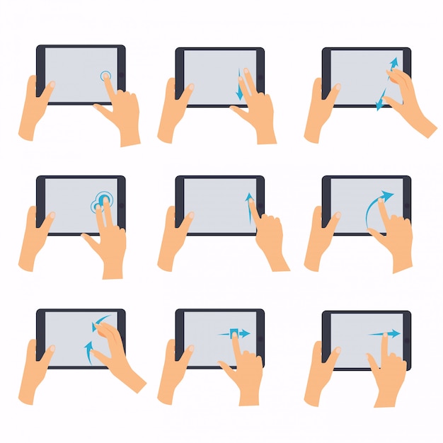 손을 잡고 태블릿 터치 컴퓨터 가제트. 터치 스크린 태블릿에 일반적으로 사용되는 멀티 터치 제스처를 표시하는 손 아이콘. 평면 디자인 현대 비즈니스 개념입니다.