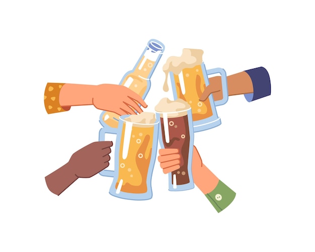 Vector hands holding beer in glasses and bottle cheers