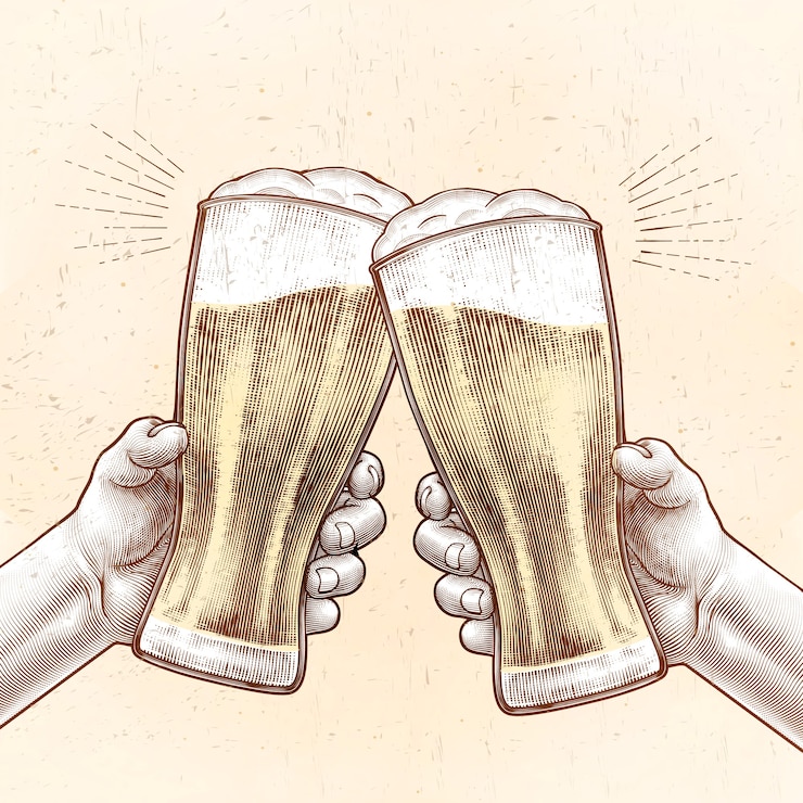 Vector hands holding beer glasses and cheering with each other in engraved style, beige and yellow color