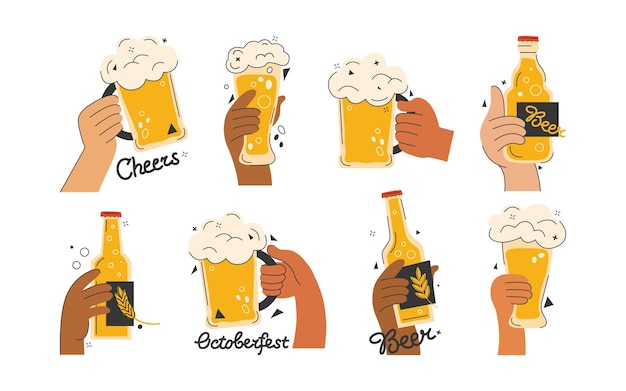 Vector hands holding beer with white foam in mug glass and bottle cheers or drinking toast to friendship vector set for oktoberfest festival menu in bars restaurants colored graphic flat illustration