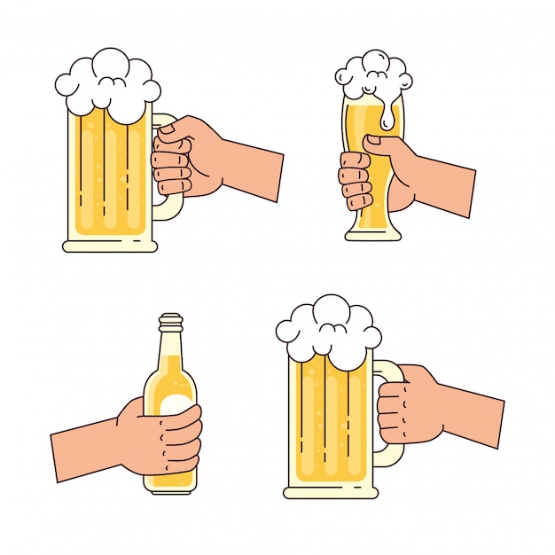 Mani che tengono le birre, su fondo bianco